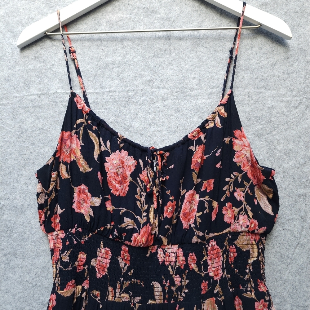 Bila 77 Floral Milkmaid Smocked Navy Midi Dress with Spaghetti Straps And Slit - Picture 3 of 10